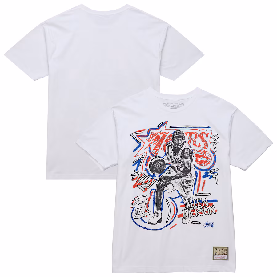 Men's Philadelphia 76ers Allen Iverson Mitchell & Ness White Hardwood Classics Chalked Up T-Shirt - Ujersey
