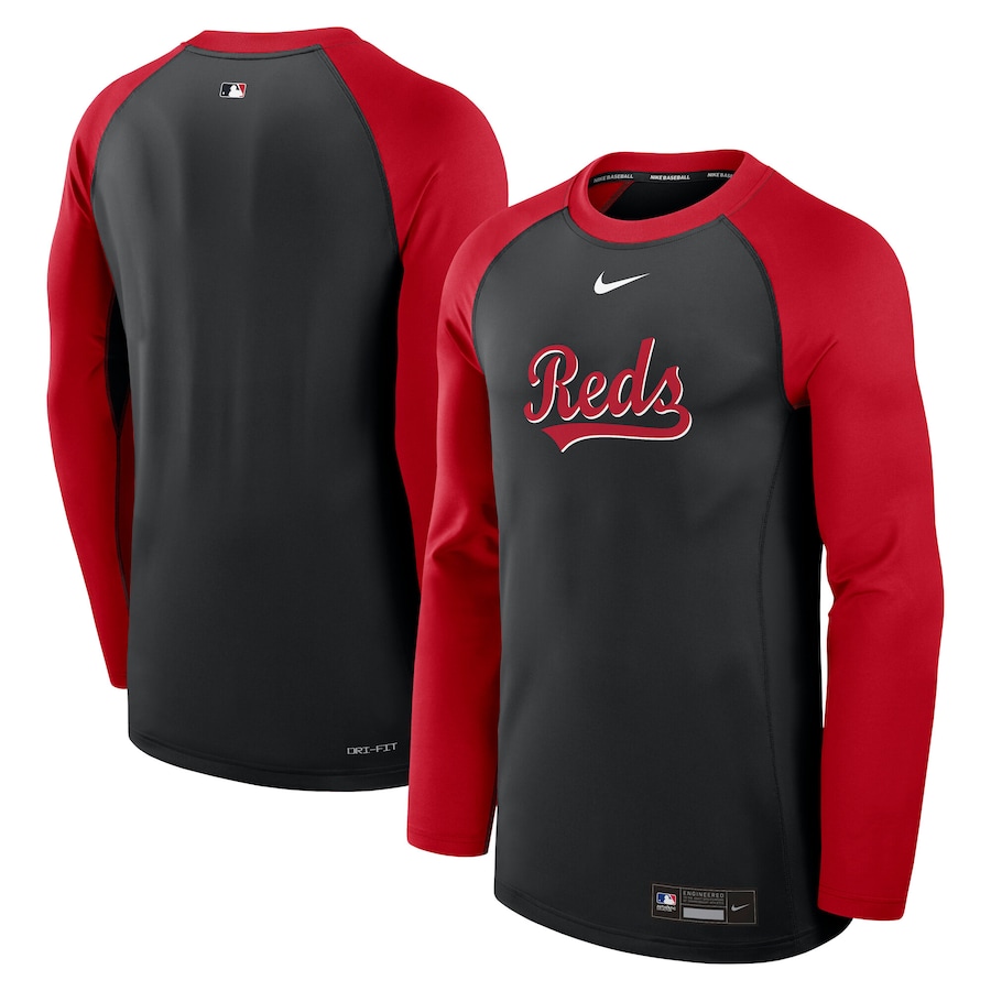 Men's Cincinnati Reds Nike Black/Red Authentic Collection Game Time Raglan Performance Long Sleeve T-Shirt - Ujersey