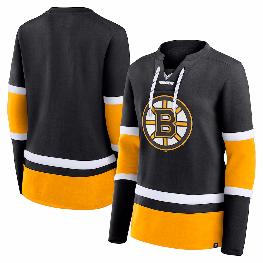 Women's Boston Bruins Fanatics Black Prime Time Lace-Up Long Sleeve T-Shirt - Ujersey