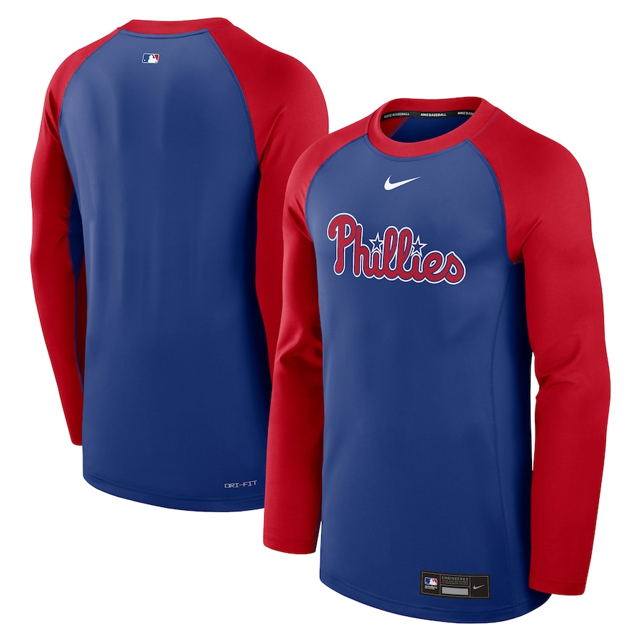 Men's Philadelphia Phillies Nike Royal/Red Authentic Collection Game Time Raglan Performance Long Sleeve T-Shirt - Ujersey