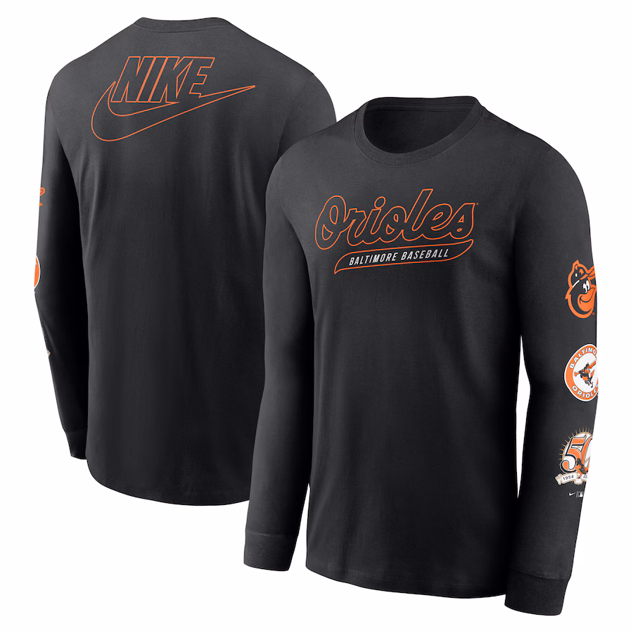 Men's Baltimore Orioles Nike Black Cooperstown Collection Knockout Long Sleeve T-Shirt - Ujersey
