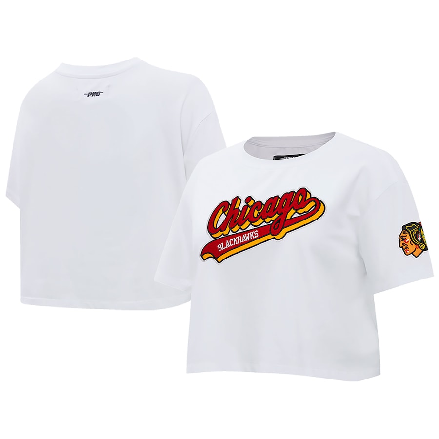 Women's Chicago Blackhawks Pro Standard White Boxy Script Tail Cropped T-Shirt - Ujersey
