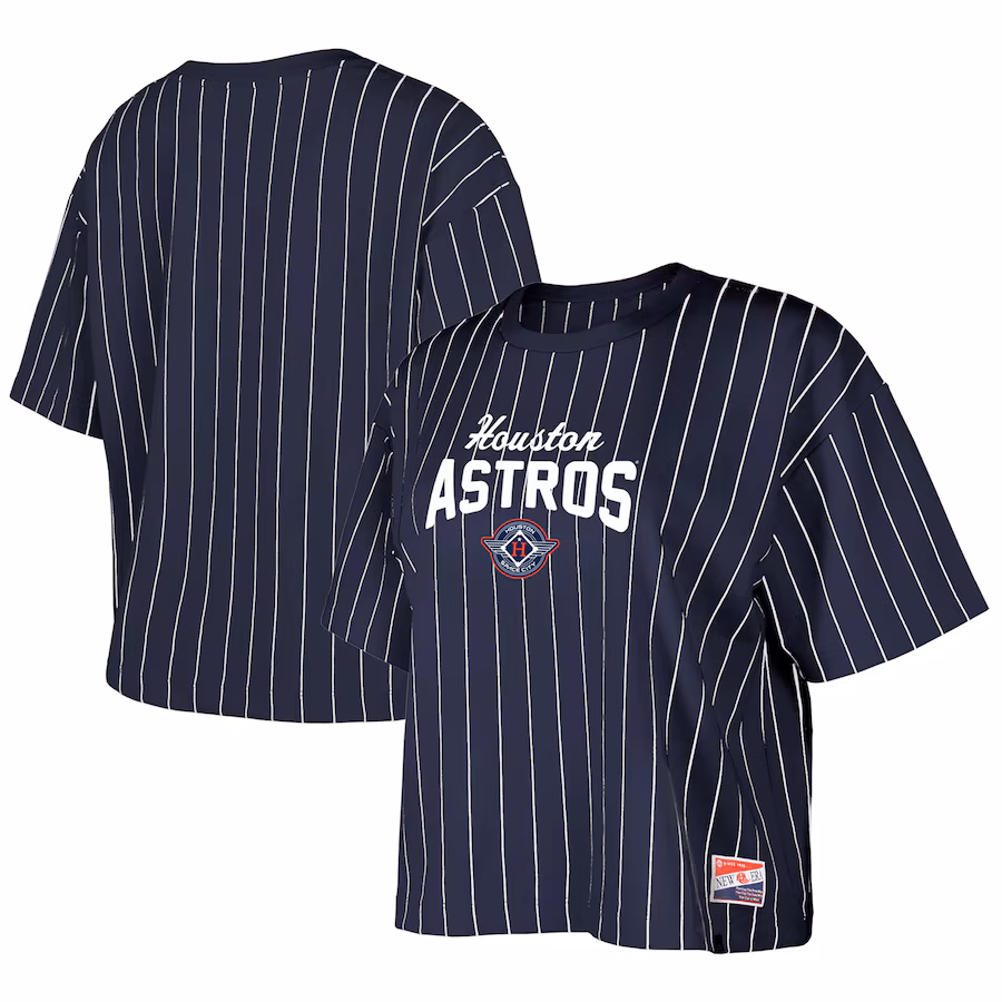 Women's Houston Astros New Era Navy 2025 City Connect Boxy Pinstripe T-Shirt - Ujersey