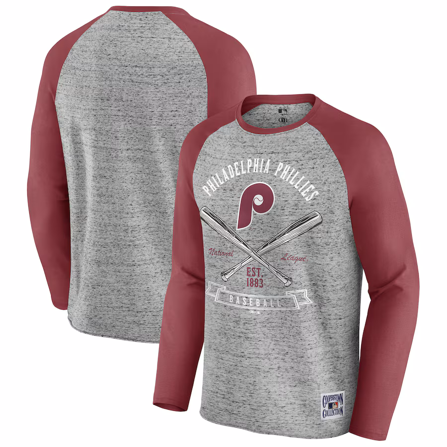 Men's Philadelphia Phillies Darius Rucker Collection by Fanatics Heather Gray Raw Edge Raglan Long Sleeve Baseball T-Shirt - Ujersey