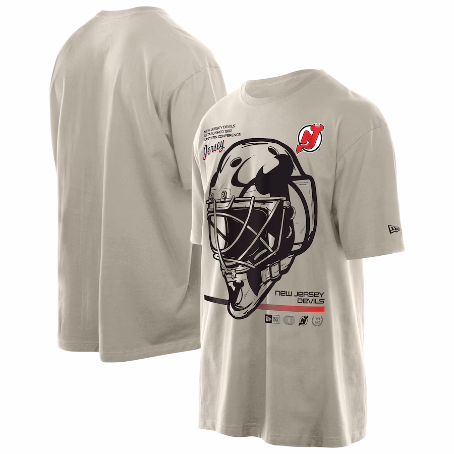 Men's New Jersey Devils New Era Tan Goalie Mask T-Shirt - Ujersey