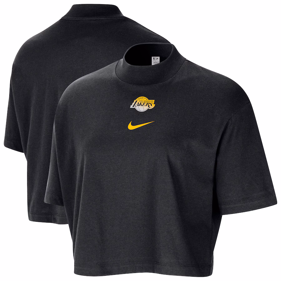 Women's Los Angeles Lakers Nike Black Courtside Mock Neck Loose Fit Cropped T-Shirt - Ujersey