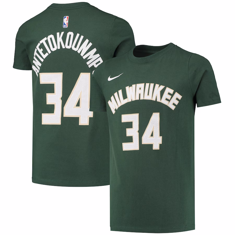 Youth Milwaukee Bucks Giannis Antetokounmpo Nike Hunter Green Logo Name & Number Performance T-Shirt - Ujersey