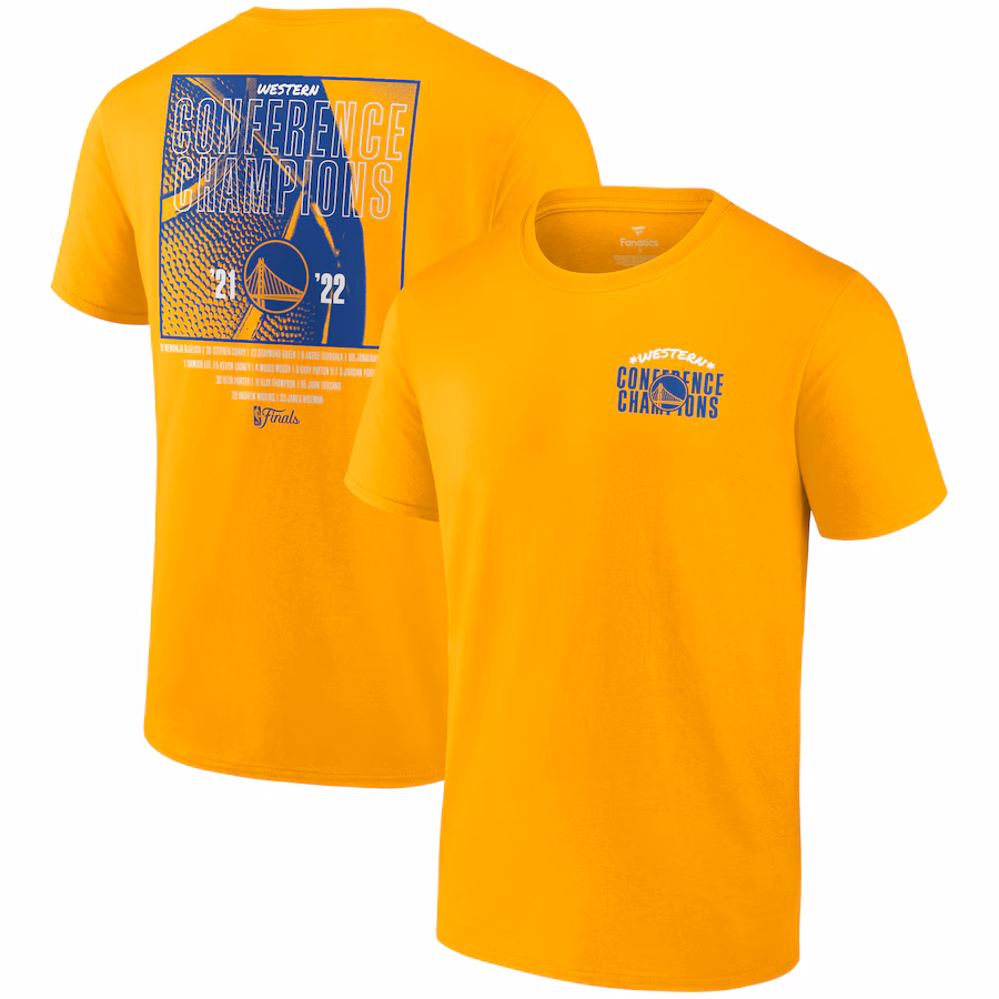 Men's Golden State Warriors Fanatics Gold 2022 Western Conference Champions Balanced Attack Roster T-Shirt - Ujersey