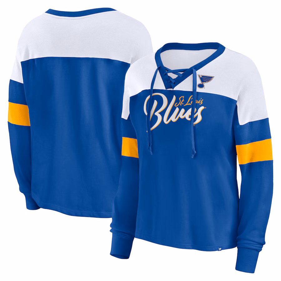 Women's St. Louis Blues Fanatics Blue Take the Shot Long Sleeve Lace-Up V-Neck T-Shirt - Ujersey