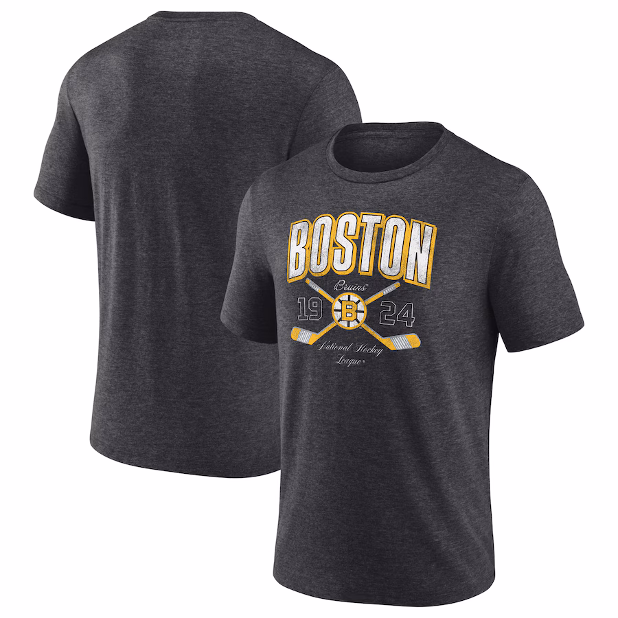 Men's Boston Bruins Fanatics Heather Charcoal Vintage Cross Sticks Distressed Tri-Blend T-Shirt - Ujersey