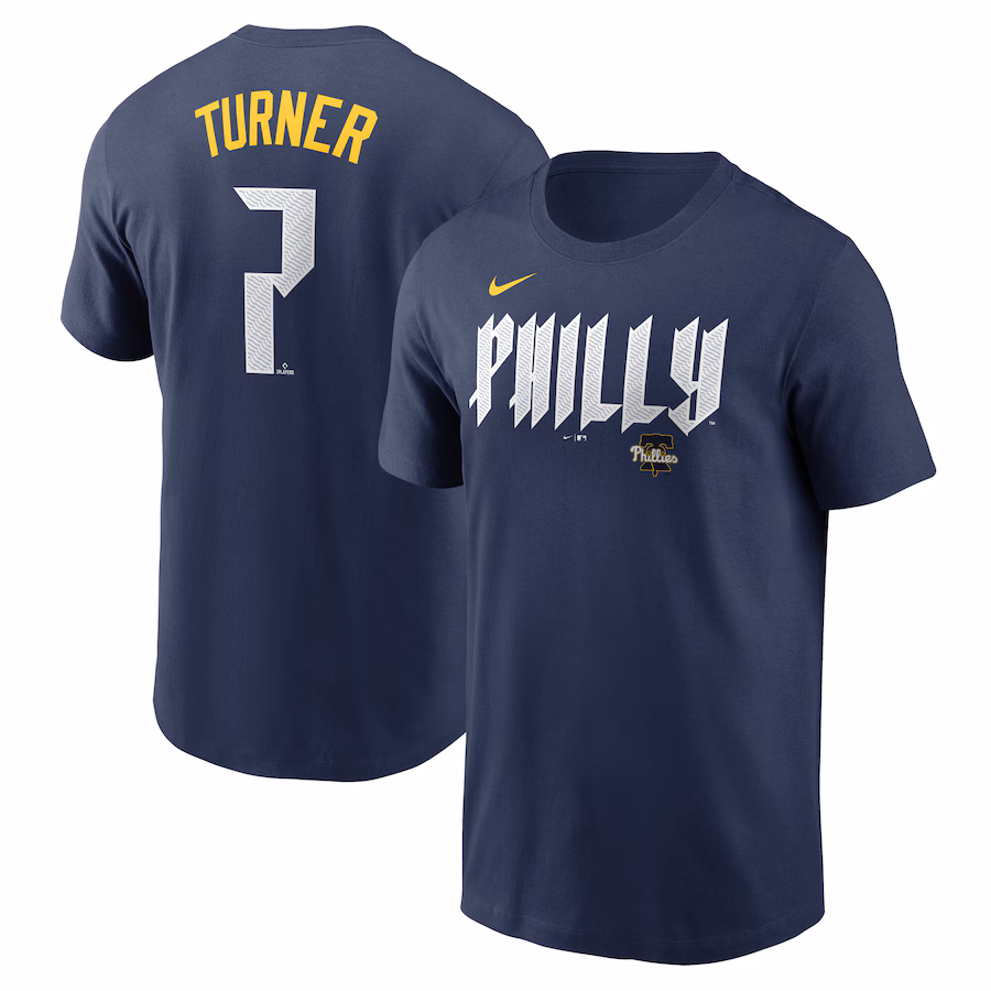 Men's Philadelphia Phillies Trea Turner Nike Royal 2024 City Connect Fuse Name & Number T-Shirt - Ujersey