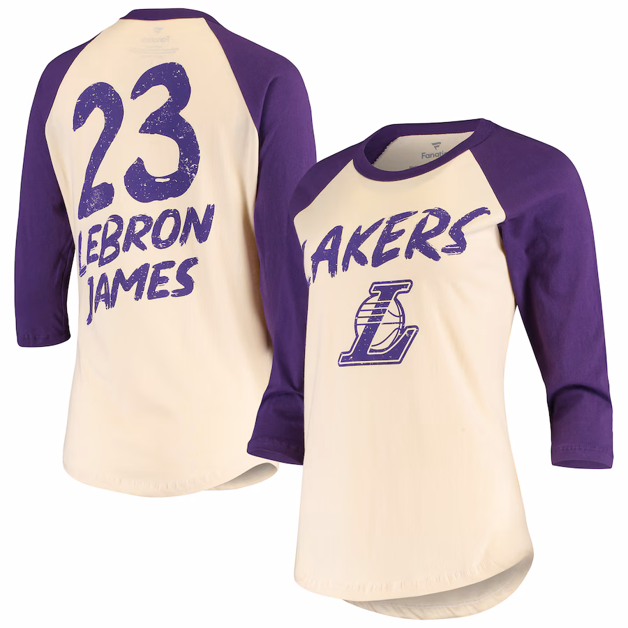 Women's Los Angeles Lakers LeBron James Fanatics Cream Raglan 3/4-Sleeve T-Shirt - Ujersey