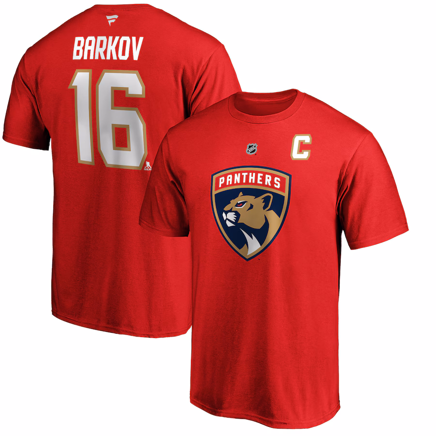Men's Florida Panthers Aleksander Barkov Fanatics Red Team Authentic Stack Name & Number T-Shirt - Ujersey