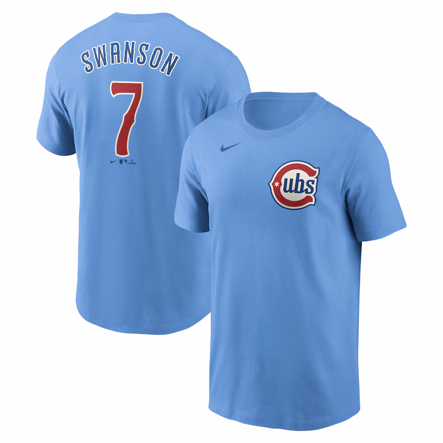 Men's Chicago Cubs Dansby Swanson Nike Baby Blue Fuse Name & Number T-Shirt - Ujersey