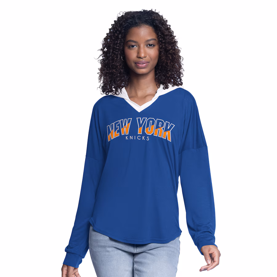 Women's New York Knicks G-III 4Her by Carl Banks Blue Bench Player Oversized Long Sleeve Hooded Top - Ujersey