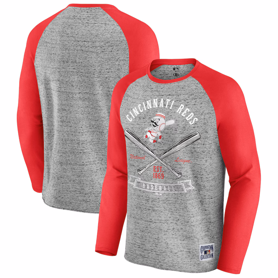 Men's Cincinnati Reds Darius Rucker Collection by Fanatics Heather Gray Raw Edge Raglan Long Sleeve Baseball T-Shirt - Ujersey