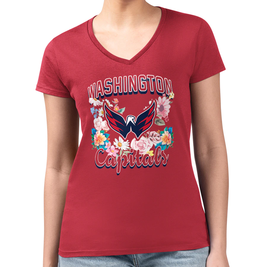 Women's Washington Capitals G-III 4Her by Carl Banks Red Flower Logo Fitted V-Neck T-Shirt - Ujersey