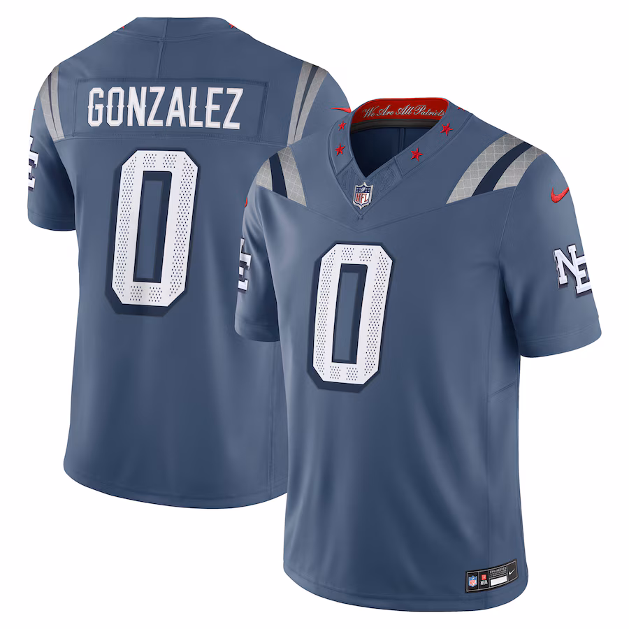 Men's New England Patriots Christian Gonzalez Nike Storm Blue 2025 Rivalries Collection Limited Jersey - Ujersey