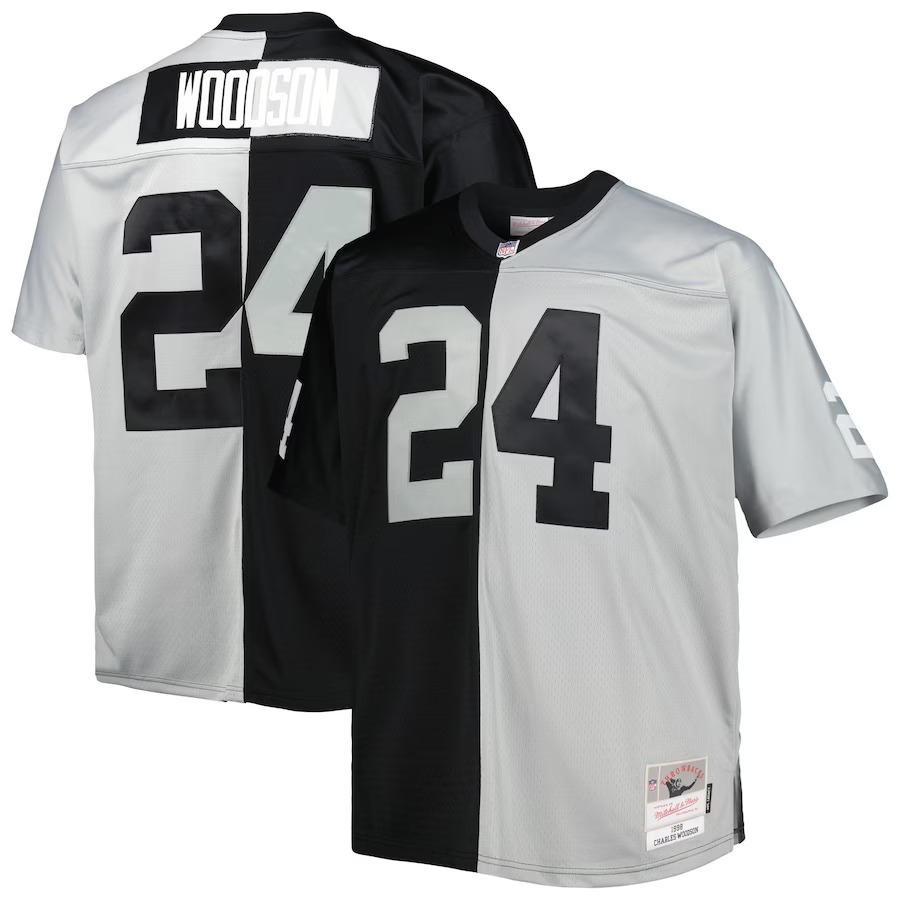 Men's Las Vegas Raiders Charles Woodson Mitchell & Ness Black/Silver Big & Tall Split Legacy Retired Player Replica Jersey - Ujersey