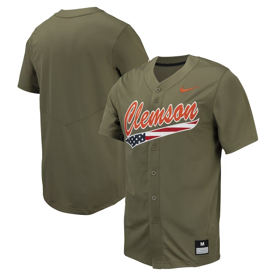 Clemson Tigers Nike Replica Full-Button Baseball Jersey - Olive - Ujersey