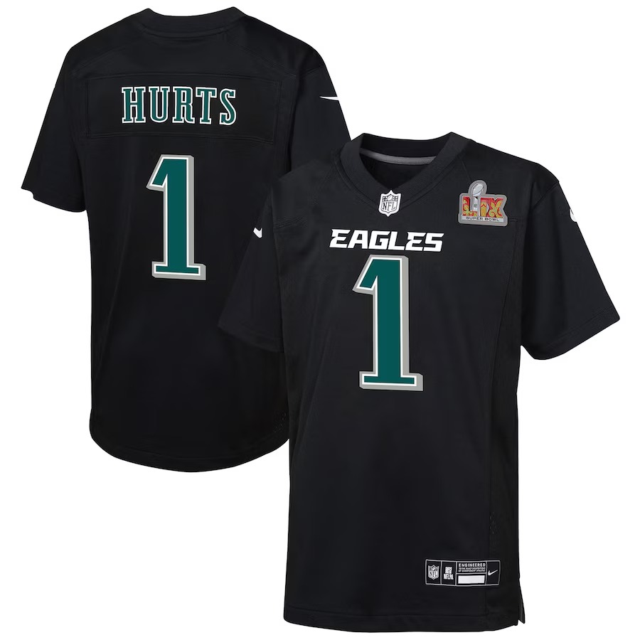 Youth Philadelphia Eagles Jalen Hurts Nike Carbon Black Super Bowl LIX Patch Fashion Game Player Jersey - Ujersey