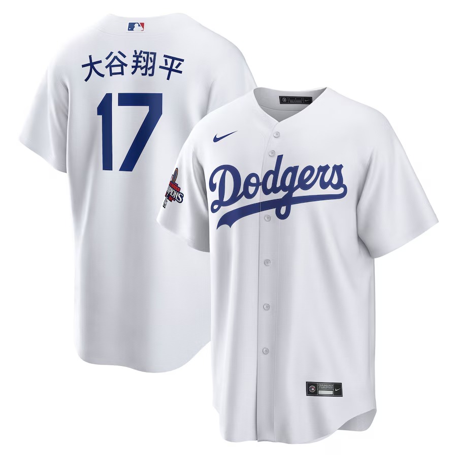 Men's Los Angeles Dodgers Shohei Ohtani Nike White 2024 World Series Champions Home Japanese Characters Replica Player Jersey - Ujersey