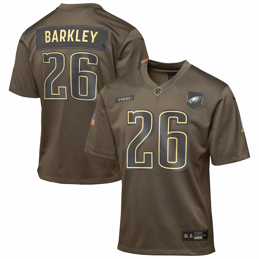 Youth Philadelphia Eagles Saquon Barkley Nike Olive 2025 Salute to Service Game Jersey - Ujersey