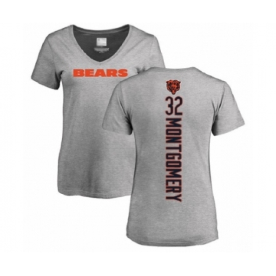 Football Women's Chicago Bears #32 David Montgomery Ash Backer V-Neck T-Shirt - Ujersey