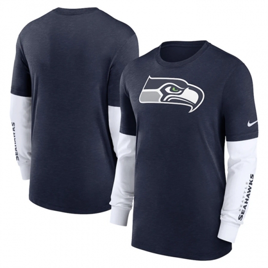 Men's Seattle Seahawks Heather Navy Slub Fashion Long Sleeve T Shirt - Ujersey