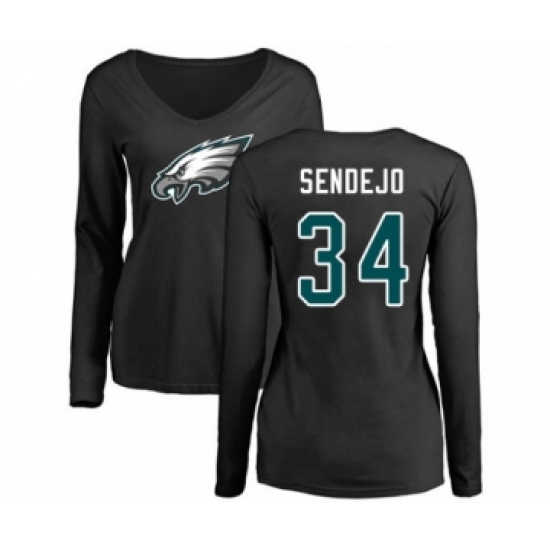 Women's Philadelphia Eagles #34 Andrew Sendejo Black Name & Number Logo Slim Fit Long Sleeve T-Shirt - Ujersey