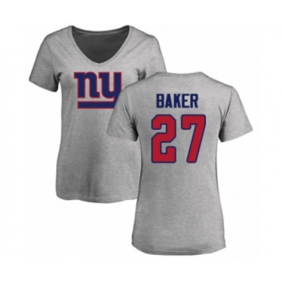 Football Women's New York Giants #27 Deandre Baker Ash Name & Number Logo T-Shirt - Ujersey