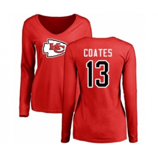 Football Women's Kansas City Chiefs #13 Sammie Coates Red Name & Number Logo Slim Fit Long Sleeve T-Shirt - Ujersey