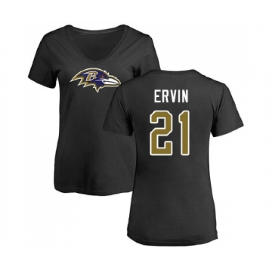 Football Women's Baltimore Ravens #21 Tyler Ervin Black Name & Number Logo T-Shirt - Ujersey