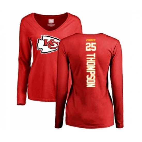 Football Women's Kansas City Chiefs #25 Darwin Thompson Red Backer Slim Fit Long Sleeve T-Shirt - Ujersey