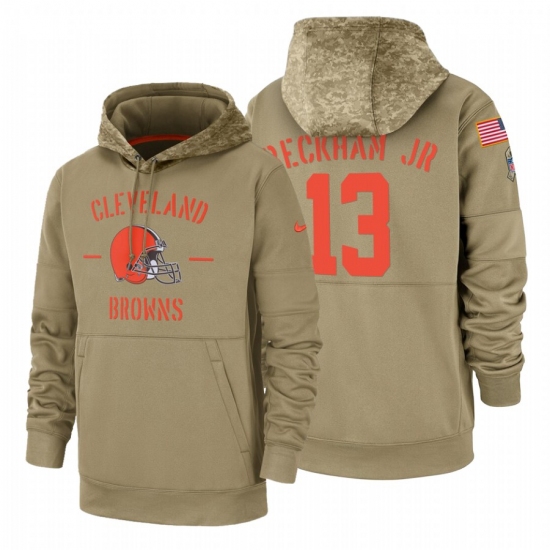 Men's Cleveland Browns #13 Odell Beckham Jr #13 2019 Salute to Service Tan Sideline Therma Pullover Hoodie - Ujersey