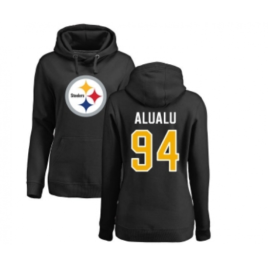 Football Women's Pittsburgh Steelers #94 Tyson Alualu Black Name & Number Logo Pullover Hoodie - Ujersey