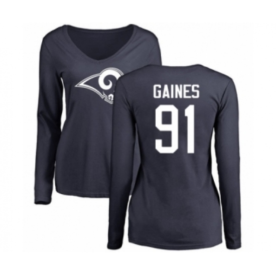 Football Women's Los Angeles Rams #91 Greg Gaines Navy Blue Name & Number Logo Slim Fit Long Sleeve T-Shirt - Ujersey