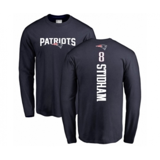 Football New England Patriots #8 Jarrett Stidham Navy Blue Backer Long Sleeve T-Shirt - Ujersey