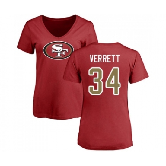 Football Women's San Francisco 49ers #34 Jason Verrett Red Name & Number Logo T-Shirt - Ujersey