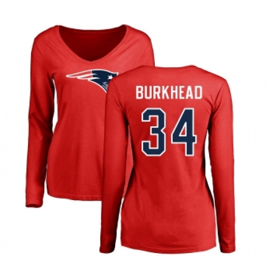 Football Women's New England Patriots #34 Rex Burkhead Red Name & Number Logo Slim Fit Long Sleeve T-Shirt - Ujersey