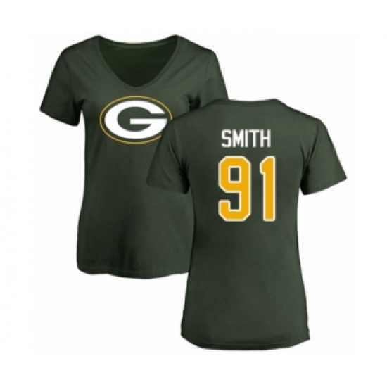 Football Women's Green Bay Packers #91 Preston Smith Green Name & Number Logo T-Shirt - Ujersey