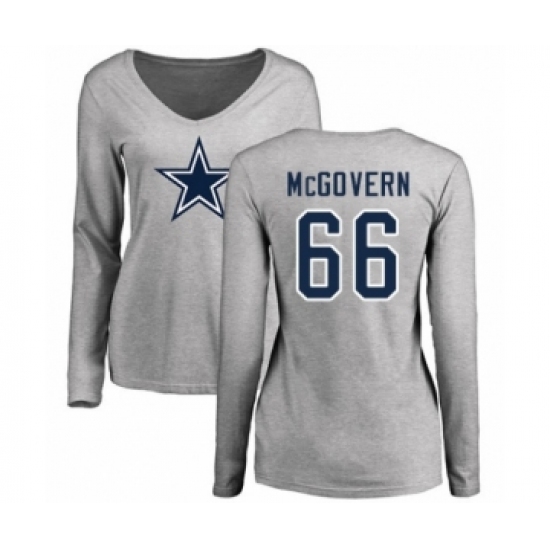 Football Women's Dallas Cowboys #66 Connor McGovern Ash Name & Number Logo Slim Fit Long Sleeve T-Shirt - Ujersey