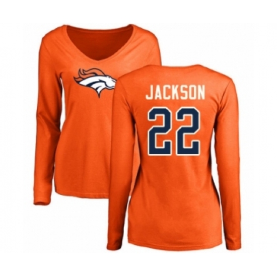 Football Women's Denver Broncos #22 Kareem Jackson Orange Name & Number Logo Long Sleeve T-Shirt - Ujersey