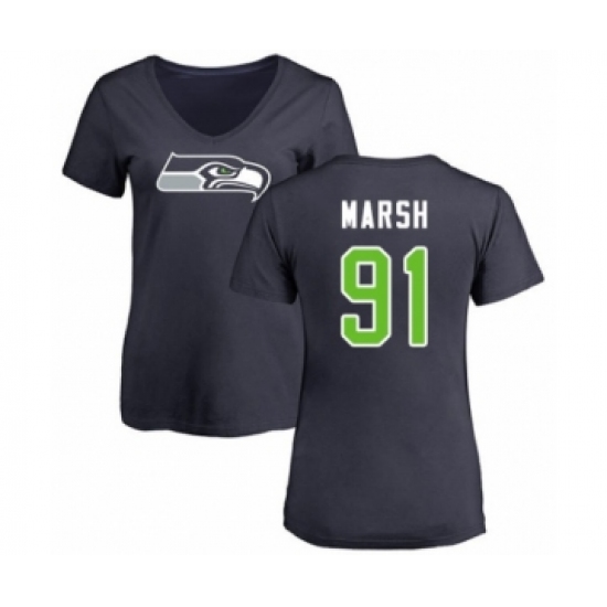 Football Women's Seattle Seahawks #91 Cassius Marsh Navy Blue Name & Number Logo T-Shirt - Ujersey