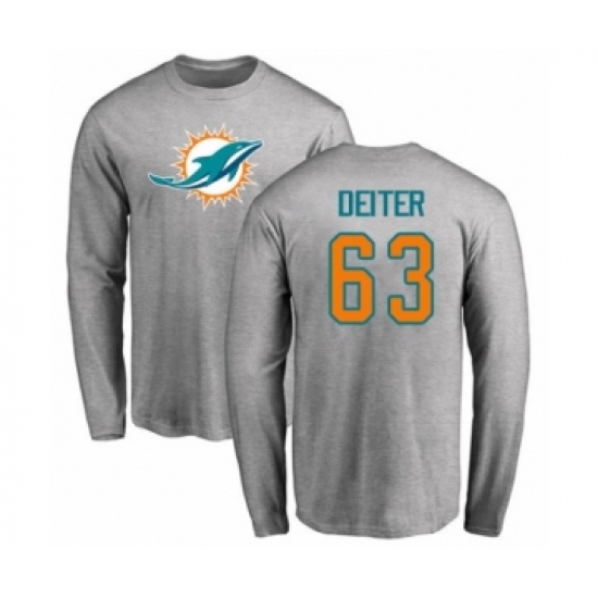 Football Miami Dolphins #63 Michael Deiter Ash Name & Number Logo Long Sleeve T-Shirt - Ujersey