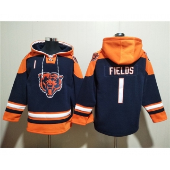 Men's Chicago Bears #1 Justin Fields Navy Ageless Must-Have Lace-Up Pullover Hoodie - Ujersey