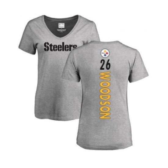 Football Women's Pittsburgh Steelers #26 Rod Woodson Ash Backer V-Neck T-Shirt - Ujersey