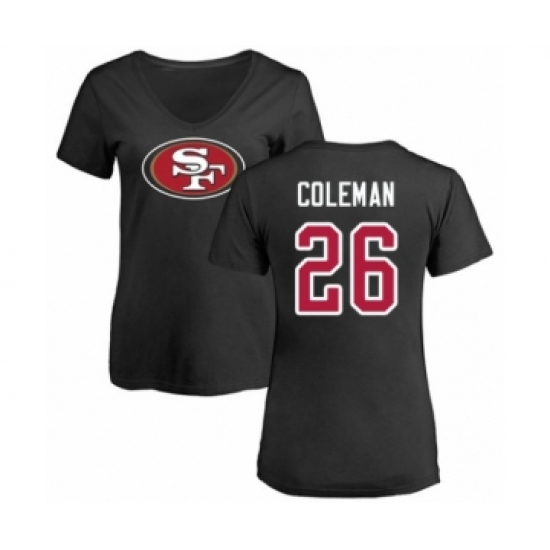 Football Women's San Francisco 49ers #26 Tevin Coleman Black Name & Number Logo T-Shirt - Ujersey