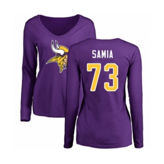 Football Women's Minnesota Vikings #73 Dru Samia Purple Name & Number Logo Slim Fit Long Sleeve T-Shirt - Ujersey