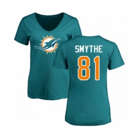 Football Women's Miami Dolphins #81 Durham Smythe Aqua Green Name & Number Logo T-Shirt - Ujersey